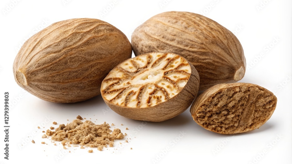 Nutmeg Composition Two Whole, One Halved and One Broken Nutmeg with Ground Nutmeg, Spice, Aromatic, Culinary Nutmeg, Spice Nutmeg Composition Two Whole, One Halved and One Broken Nutmeg with Ground Nutmeg, Spice, Aromatic, Culinary Nutmeg, Spice