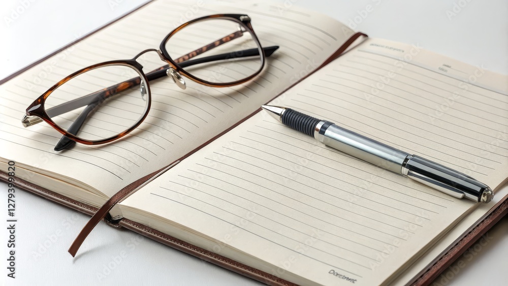 Open Notebook with Glasses and Pen Composition, Still Life, Office Supplies, Productivity Notepad, Stationery Open Notebook with Glasses and Pen Composition, Still Life, Office Supplies, Productivity Notepad, Stationery