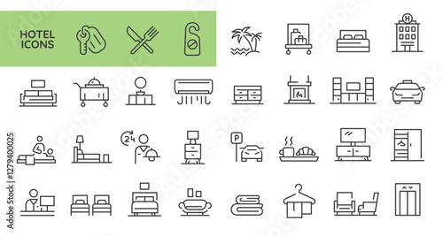 Hotel and hospitality icons. 31 of hotel and hospitality trendy minimal icons. Bed, Reception, Car, Bellhop icon. Design signs for web page, mobile app, packaging design. Vector illustration