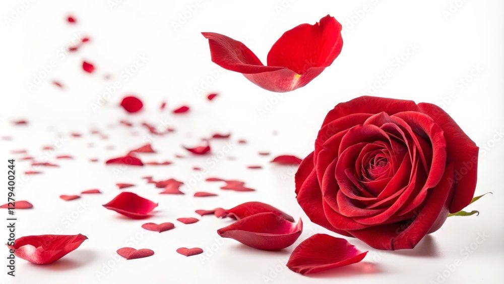Red Rose with Falling Petals Romantic Composition, Valentine's Day Concept, Close-up Photography, White Background Valentine's Day, Romance Red Rose with Falling Petals Romantic Composition, Valentine's Day Concept, Close-up Photography, White Background Valentine's Day, Romance