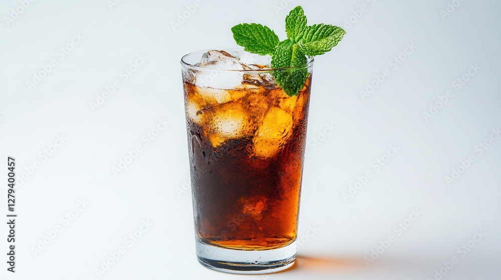 A refreshing glass of iced tea garnished with mint leaves, inviting and perfect for a warm day. A refreshing glass of iced tea garnished with mint leaves, inviting and perfect for a warm day.
