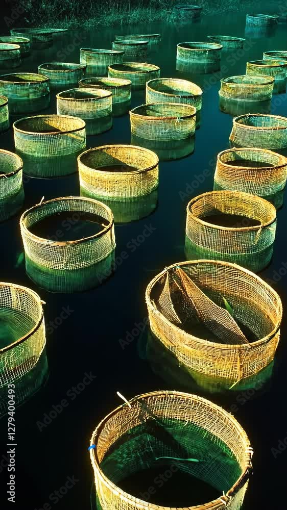 Unique fish traps illuminated by soft light in a tranquil water setting during early morning hours near a fishing village Unique fish traps illuminated by soft light in a tranquil water setting during early morning hours near a fishing village