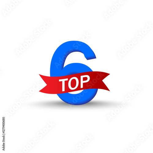 Blue six 6. Red TOP ribbon. Bold numeric shape. Minimal white backdrop.