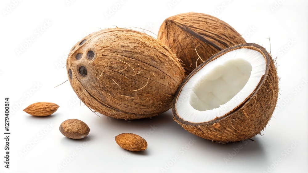 Three Coconuts with Almonds Close-up Still Life Photography, Coconut Composition, Tropical Fruits, White Background Coconut, Still life photography Three Coconuts with Almonds Close-up Still Life Photography, Coconut Composition, Tropical Fruits, White Background Coconut, Still life photography