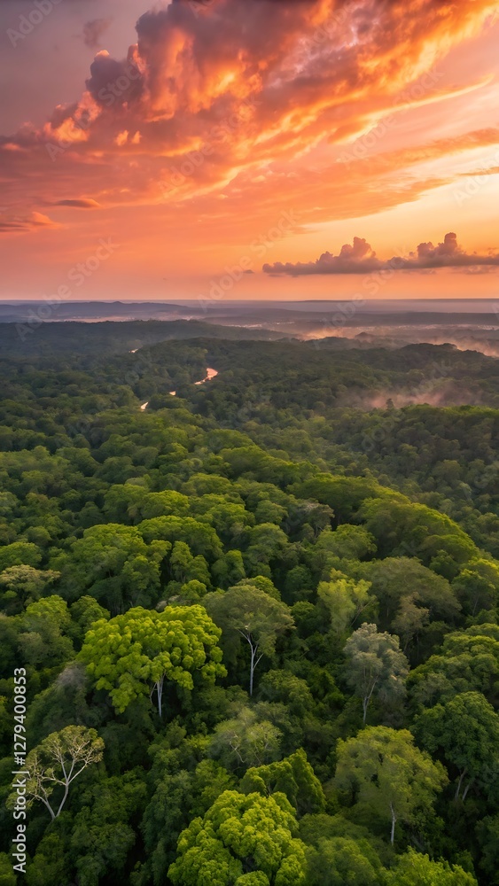 Fototapeta premium Beautiful green amazon forest landscape at sunset sunrise. Adventure explore air dron view vibe