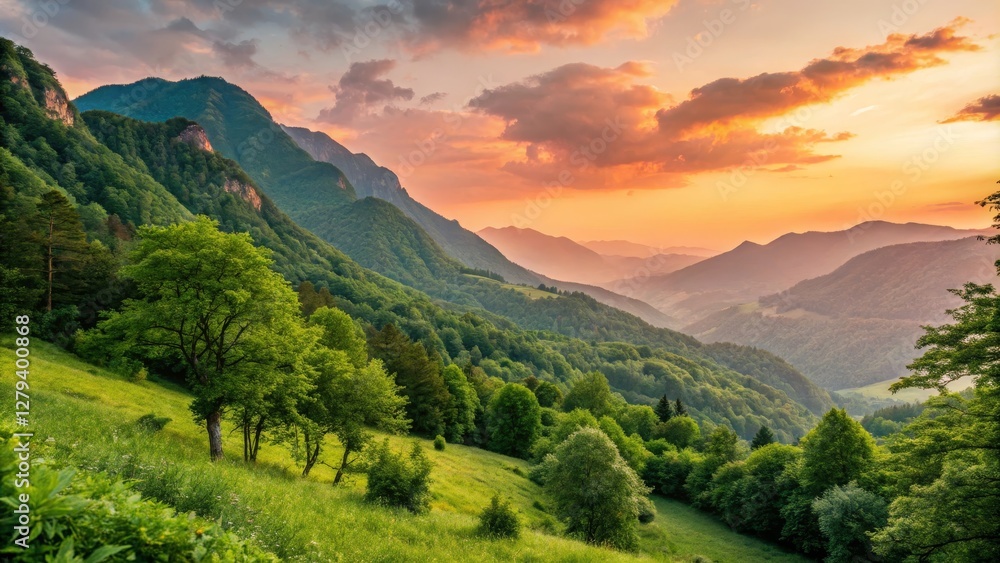 Naklejka premium Sunset Mountain Landscape Lush Green Valley, Dramatic Sky, Wide Composition, Nature Photography, Scenery, Landscape Nature Photography, Mountain Scenery