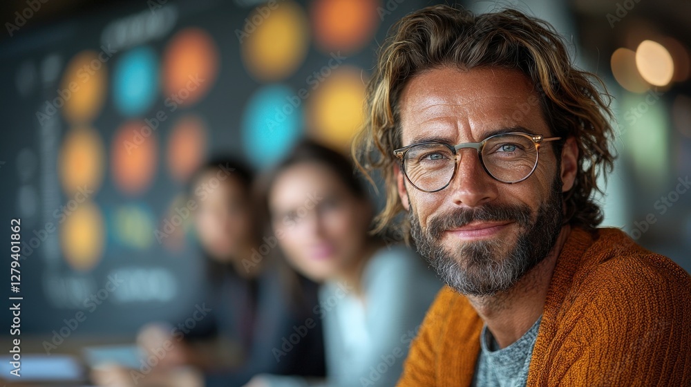 Confident man smiling, office background, team meeting, leadership Confident man smiling, office background, team meeting, leadership