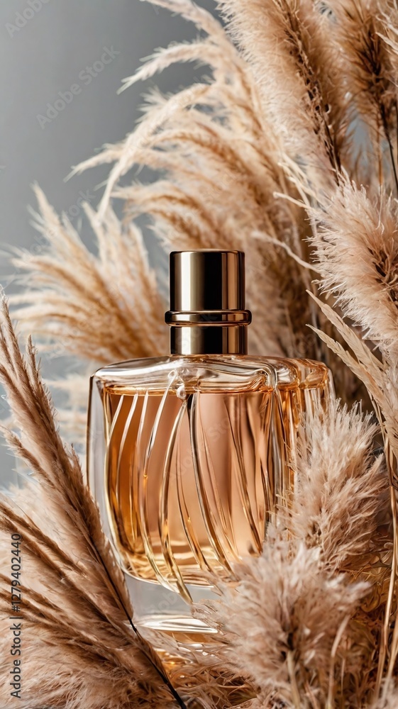 Fototapeta premium Perfume bottle and pampas grass. Concept of expensive perfume and cosmetics. Floral fragrance for women and men. Perfume spray.