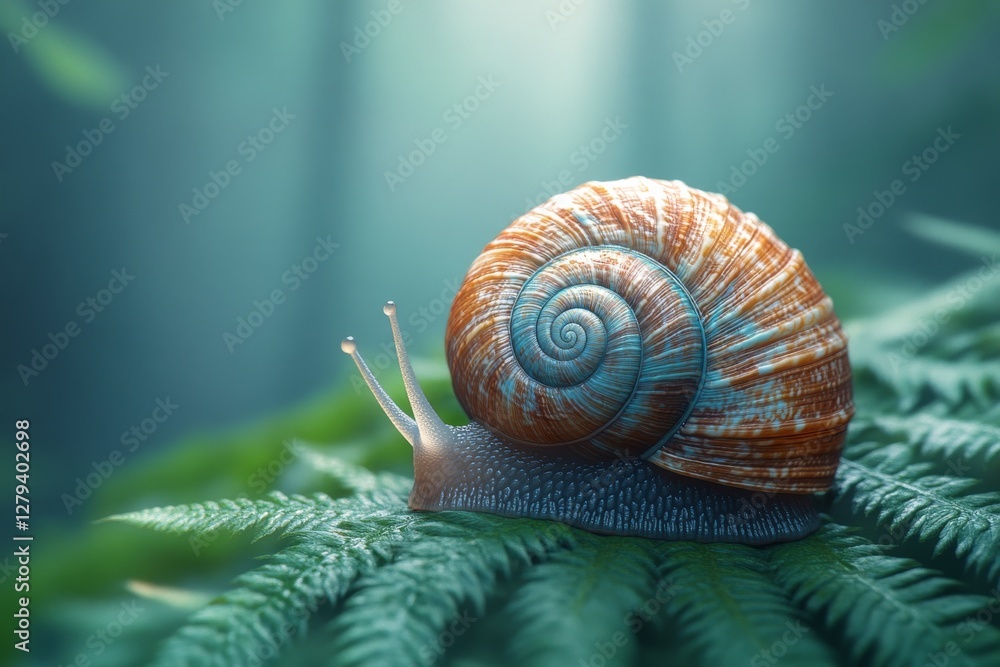 Serene Snail: A Close-Up of Nature's Harmony with a Spiral-Shell Snail Resting on a Lush Fern Frond Serene Snail: A Close-Up of Nature's Harmony with a Spiral-Shell Snail Resting on a Lush Fern Frond