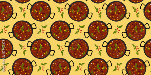 Parsley leaves, chili pepper sliced and Chili con carne cast iron pan Seamless Pattern. Mexican food