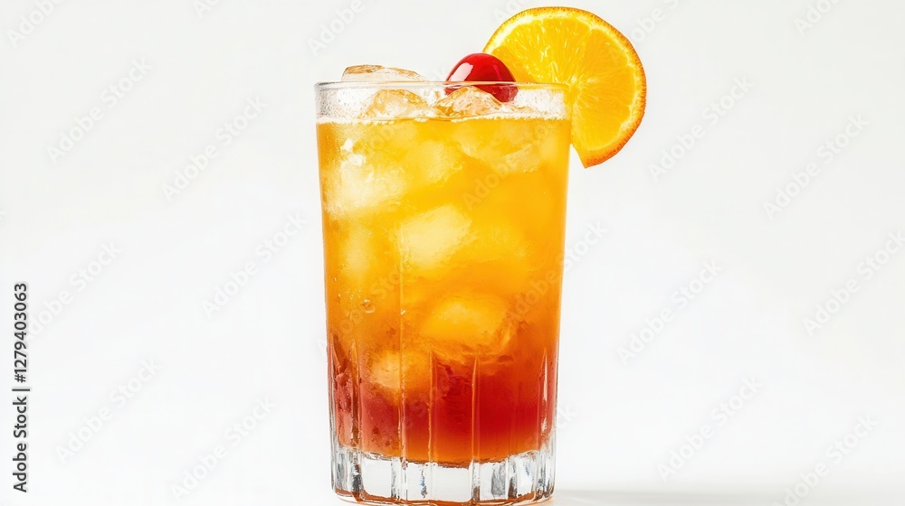 A refreshing tall glass of orange juice garnished with a vibrant cherry on the rim, perfect for a summer beverage. A refreshing tall glass of orange juice garnished with a vibrant cherry on the rim, perfect for a summer beverage.