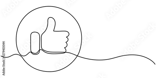 Continuous one line drawing of like hand showing thumb up. Vector illustration, Minimalist vector illustration representing a thumb up, a symbol of approval, drawn with one continuous line, pro. 