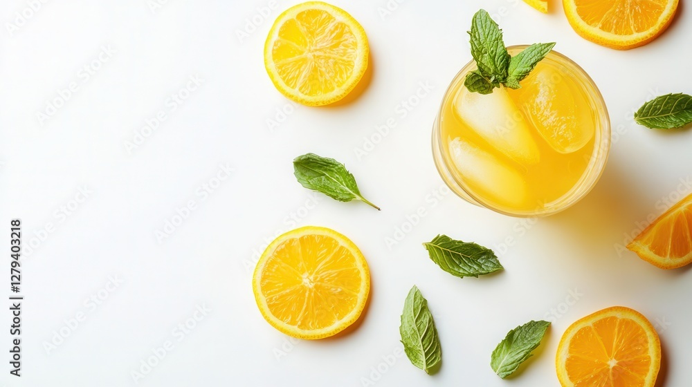 A refreshing glass of orange juice filled with ice and garnished with mint leaves, perfect for a hot day or any occasion. A refreshing glass of orange juice filled with ice and garnished with mint leaves, perfect for a hot day or any occasion.