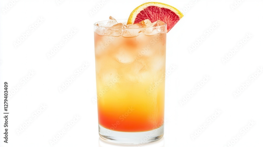 A refreshing glass of orange juice garnished with a slice of grape, showcasing vibrant colors and appealing textures. A refreshing glass of orange juice garnished with a slice of grape, showcasing vibrant colors and appealing textures.