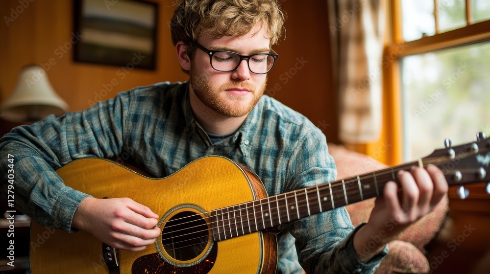 Obraz premium Young Man Playing Acoustic Guitar in Cozy Indoor Setting