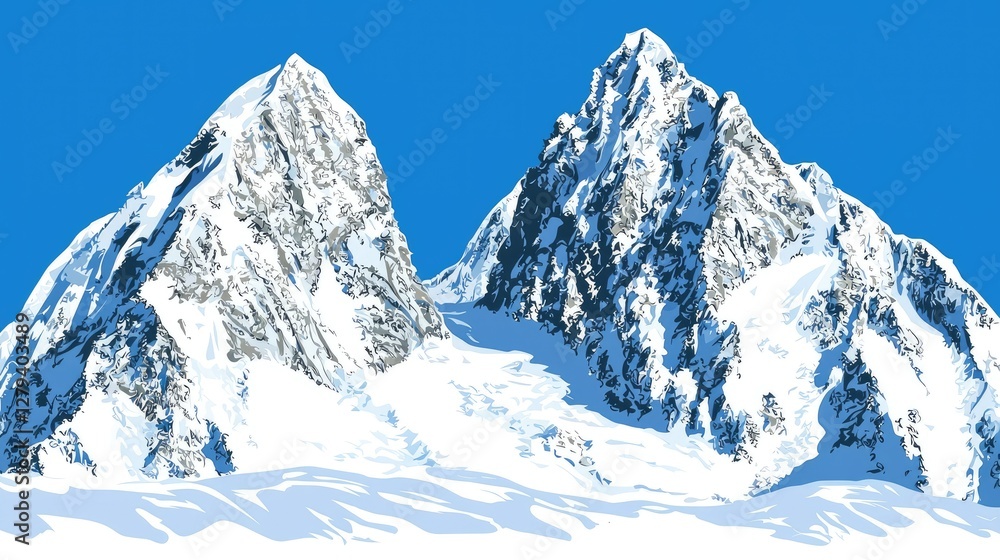 Snowy mountain peaks against vibrant blue sky. Possible use Stock photo for travel, nature, adventure, or tourism brochures Snowy mountain peaks against vibrant blue sky. Possible use Stock photo for travel, nature, adventure, or tourism brochures