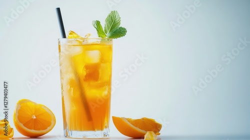 A refreshing glass of orange juice garnished with a mint leaf and a straw, invitingly presented for a delightful experience.