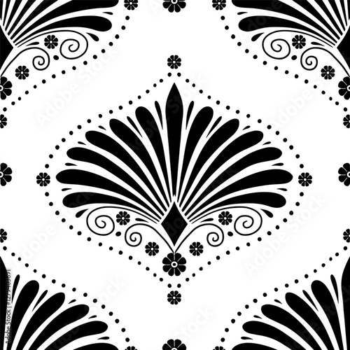 Seamless pattern with black anthemion floral shapes and ogee geometrical motifs on a white background. Monochrome classic abstract repeat wallpaper.
