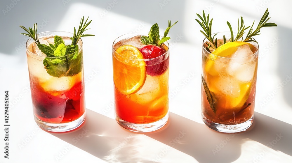 Three distinct glasses showcase refreshing drinks garnished with vibrant fruits and aromatic herbs. Three distinct glasses showcase refreshing drinks garnished with vibrant fruits and aromatic herbs.