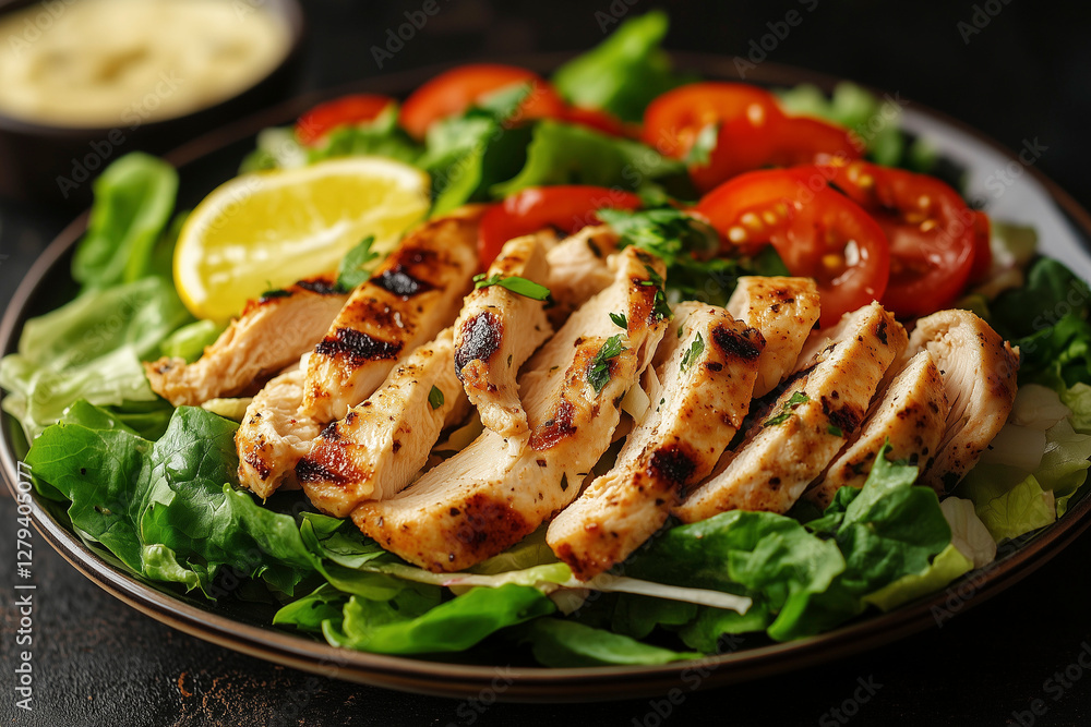 grilled chicken breast with vegetables. healthy salad with chicken and vegetables grilled chicken breast with vegetables. healthy salad with chicken and vegetables