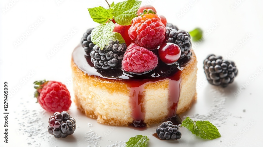 A vibrant dessert featuring fresh berries and mint leaves elegantly arranged on top, showcasing a delightful and colorful presentation. A vibrant dessert featuring fresh berries and mint leaves elegantly arranged on top, showcasing a delightful and colorful presentation.