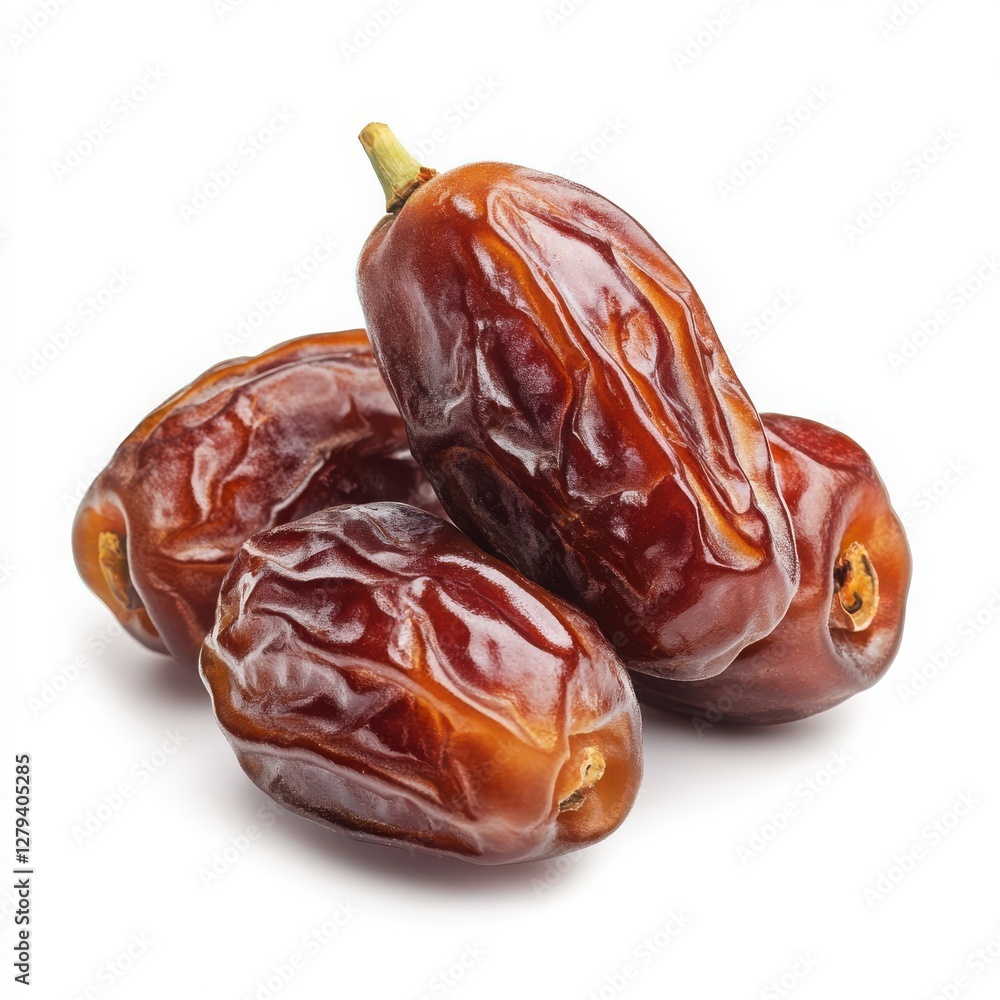 A close up image of five plump glossy dates arranged in a small cluster against a stark white background A close up image of five plump glossy dates arranged in a small cluster against a stark white background