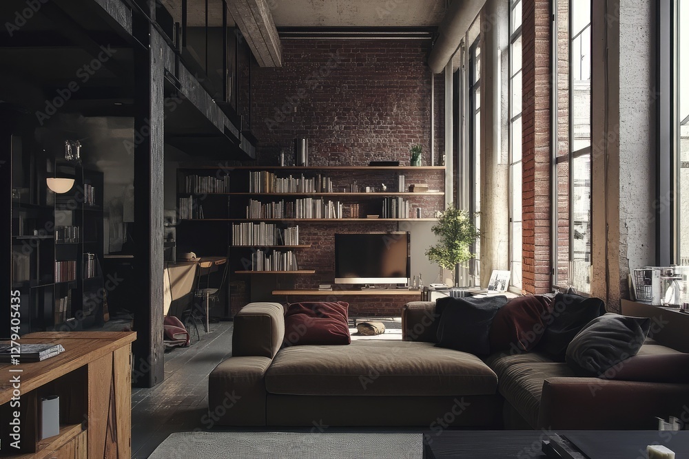 Brick loft interior. AI generated illustration. Brick loft interior. AI generated illustration.