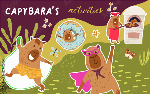 Collage, horizontal banner, background with cute capybara bake in the oven, buns, jump rope, hero, donut, fun characters. Hand drawn vector illustration.