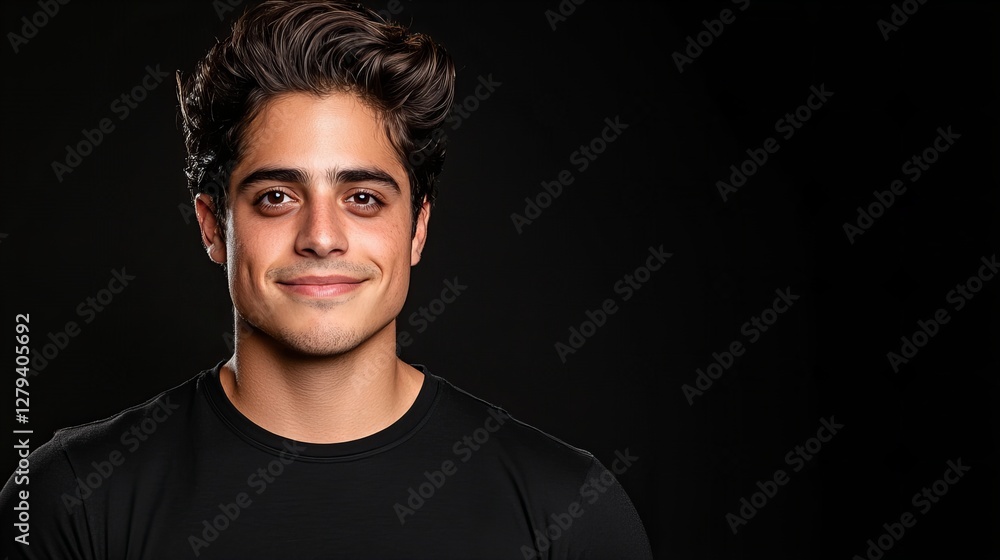 Fototapeta premium Portrait of a smiling young Hispanic man against a black background.