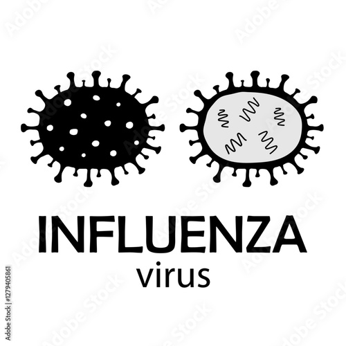 Vector icon of Influenza virus types A, B, C, D icons isolated on white background. Illustration of abstract model of Flu or grippe virus cell. Quarantine concept, flu outbreak. 