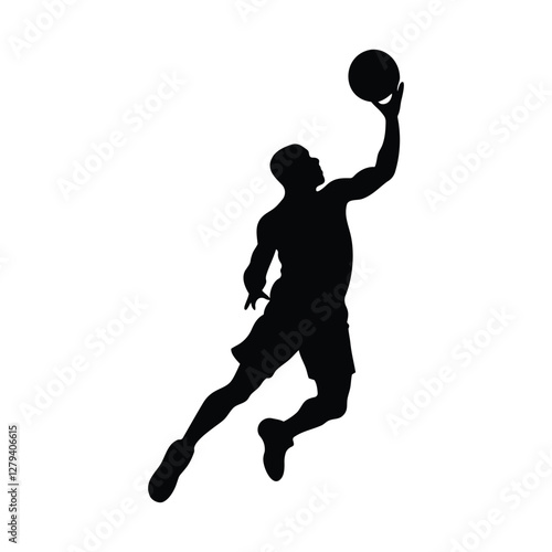 Silhouette of a Basketball Player Slam Dunking on a White Background