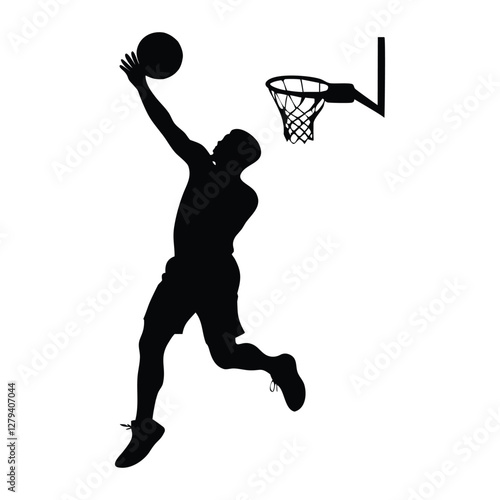 Silhouette of a Basketball Player Slam Dunking on a White Background