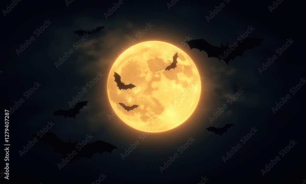 Bats flying under a glowing full moon Bats flying under a glowing full moon