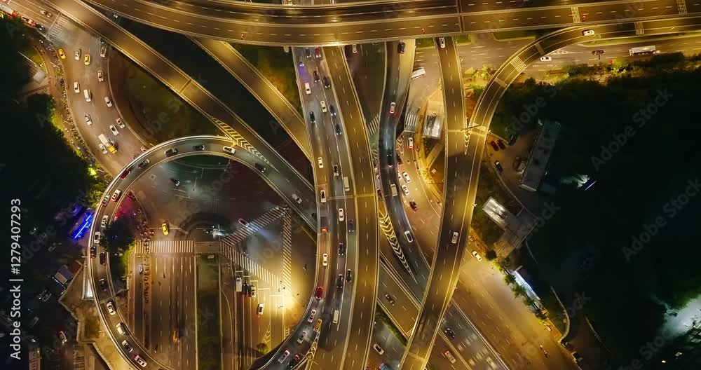 Aerial view of illuminated highway and overpass with car traffic at night in the modern city Aerial view of illuminated highway and overpass with car traffic at night in the modern city