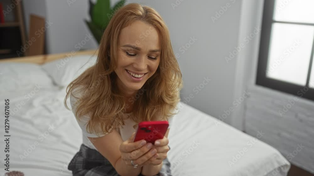 Woman smiling happily holding phone while sitting on bed in cozy bedroom with natural light from window Woman smiling happily holding phone while sitting on bed in cozy bedroom with natural light from window