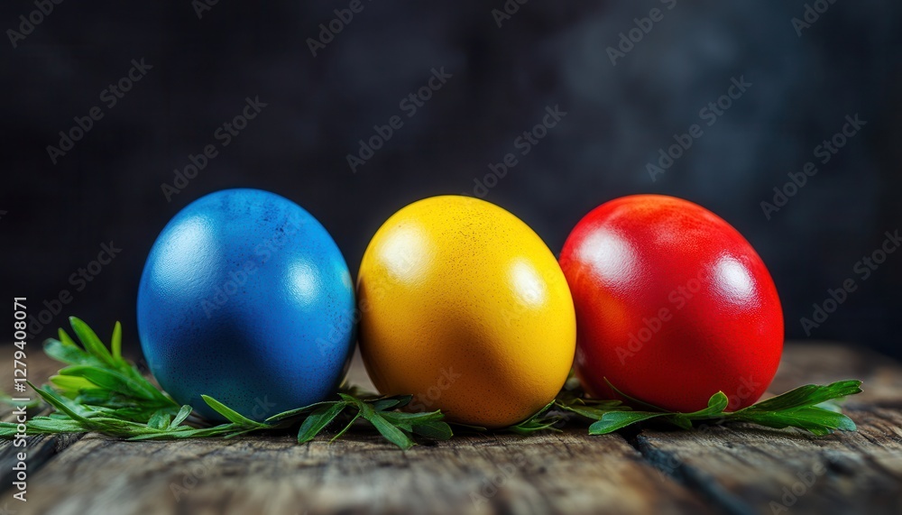 Three vibrant Easter eggs are elegantly displayed on a rustic wooden table, showcasing intricate designs and bright colors for a festive ambiance. Three vibrant Easter eggs are elegantly displayed on a rustic wooden table, showcasing intricate designs and bright colors for a festive ambiance.