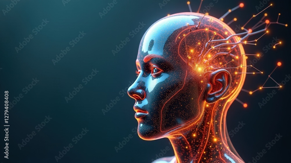 3D Rendering of human biology fusing with machine intelligence, biomechanical structures forming an organic AI entity, glowing pathways shaping a digital consciousness. 3D Rendering of human biology fusing with machine intelligence, biomechanical structures forming an organic AI entity, glowing pathways shaping a digital consciousness.