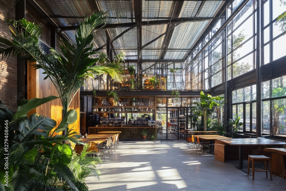 Fototapeta premium Contemporary large warehouse with metal structure on ceiling. AI generated illustration.