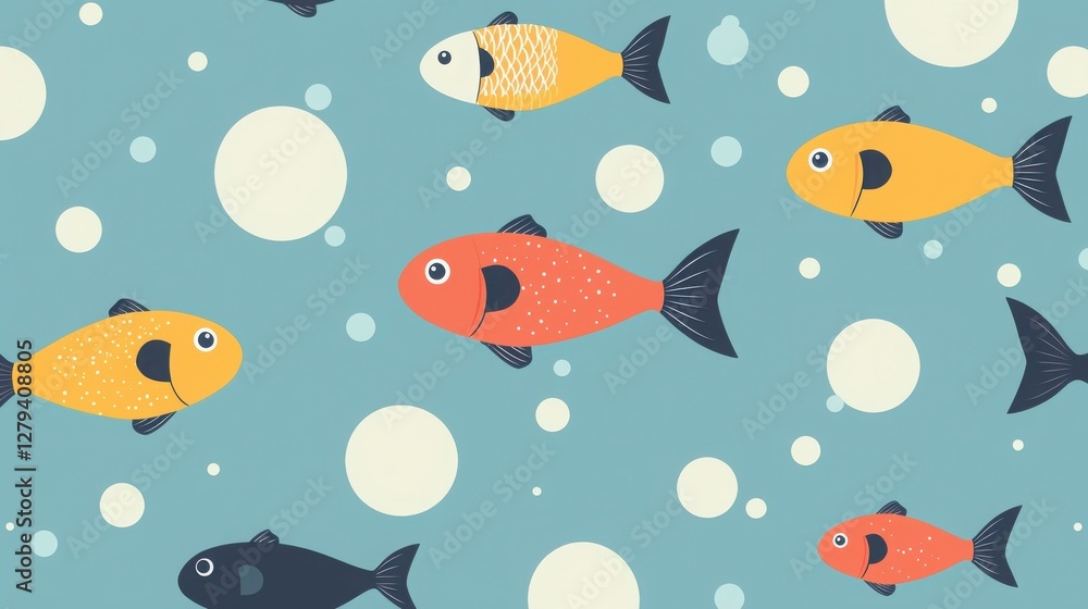 A playful underwater scene with colorful fish swimming amidst white bubbles on a teal background. A cheerful and vibrant illustration. A playful underwater scene with colorful fish swimming amidst white bubbles on a teal background. A cheerful and vibrant illustration.