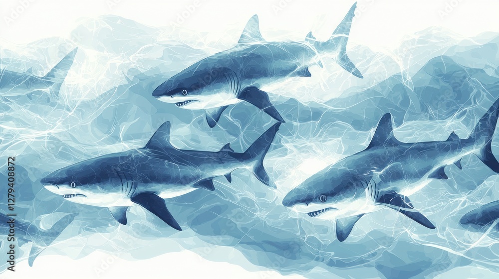 A mesmerizing underwater scene featuring four sharks gracefully gliding through ethereal, swirling blue waters. Their sleek forms and the translucent water create a captivating image. A mesmerizing underwater scene featuring four sharks gracefully gliding through ethereal, swirling blue waters. Their sleek forms and the translucent water create a captivating image.