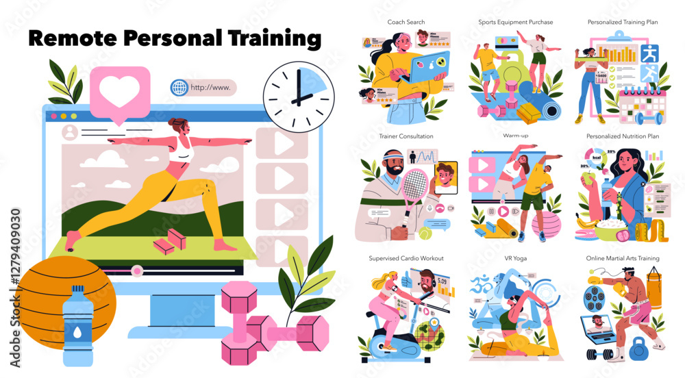 Naklejka premium Remote Personal Training. Flat Vector Illustration