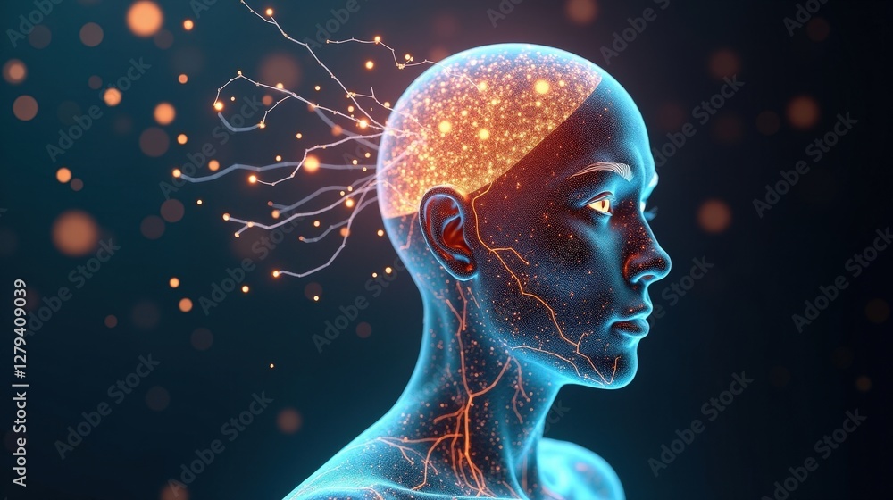 3D Rendering of human biology fusing with machine intelligence, biomechanical structures forming an organic AI entity, glowing pathways shaping a digital consciousness. 3D Rendering of human biology fusing with machine intelligence, biomechanical structures forming an organic AI entity, glowing pathways shaping a digital consciousness.