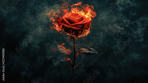 Fiery red rose engulfed in flames against a dark, smoky background.  A dramatic and passionate image.