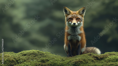 Fox pausing midstride on mossy forest floor nature wildlife photography serene environment close-up view photo