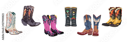 Set of different cowgirl boots. Traditional western cowboy boots decorated with embroidered wild west elements. Realistic vector art illustrations isolated