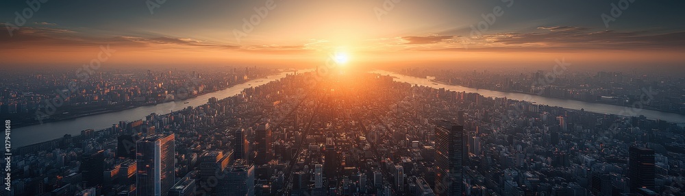 Fototapeta premium A breathtaking sunset illuminates a sprawling cityscape, casting warm hues over buildings and a winding river.