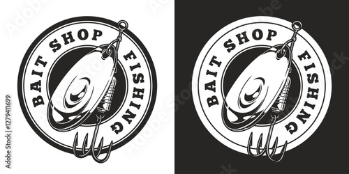 Bait shop fishing logo in monochrome design