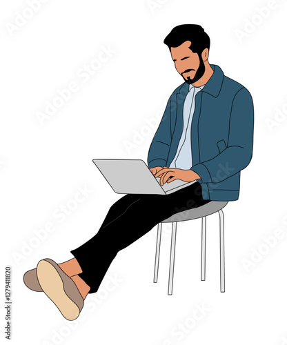 Business man sitting on the chair, working on laptop. Handsome bearded man wearing smart casual office outfit. Male cartoon character. Vector realistic illustration isolated