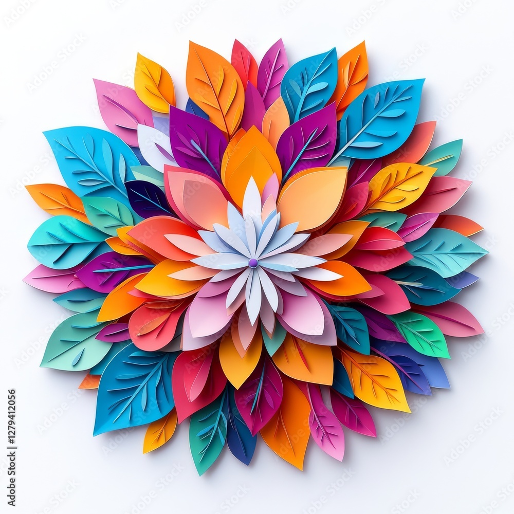 Fototapeta premium Vibrant Paper Bloom: A stunning, meticulously crafted paper flower bursts with life, showcasing a dazzling array of colorful petals and leaves. A celebration of artistry.