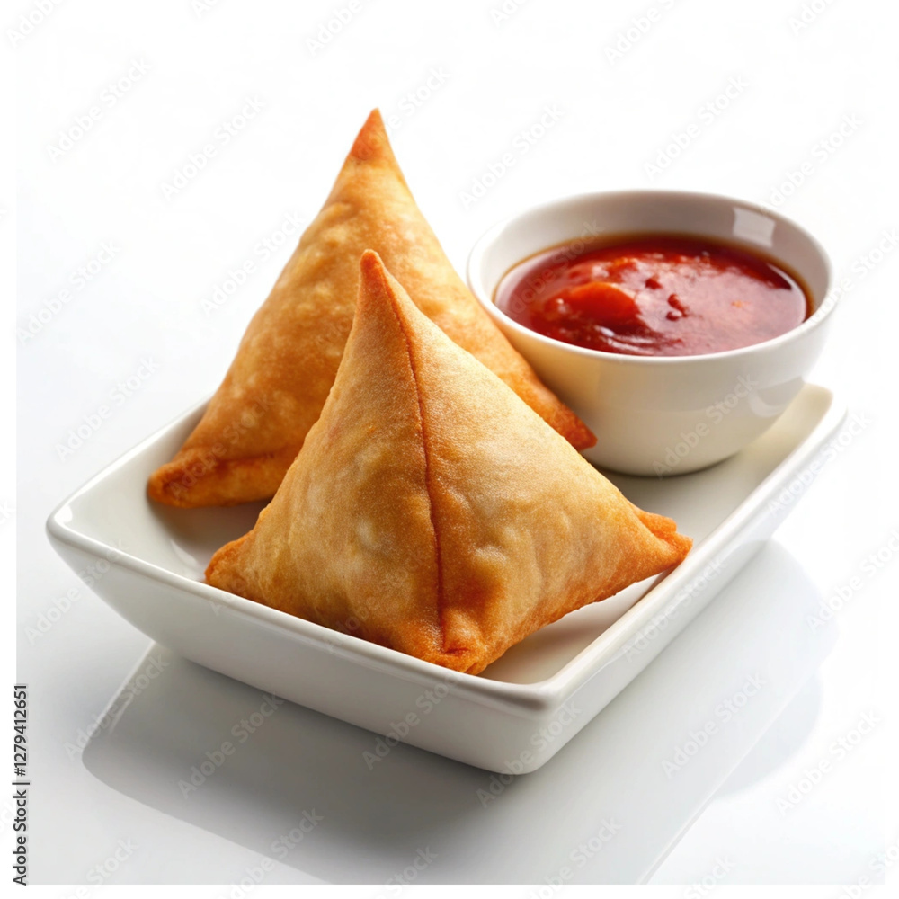 Samosa on a black plate-with ketchup in a small transparent Background Samosa on a black plate-with ketchup in a small transparent Background